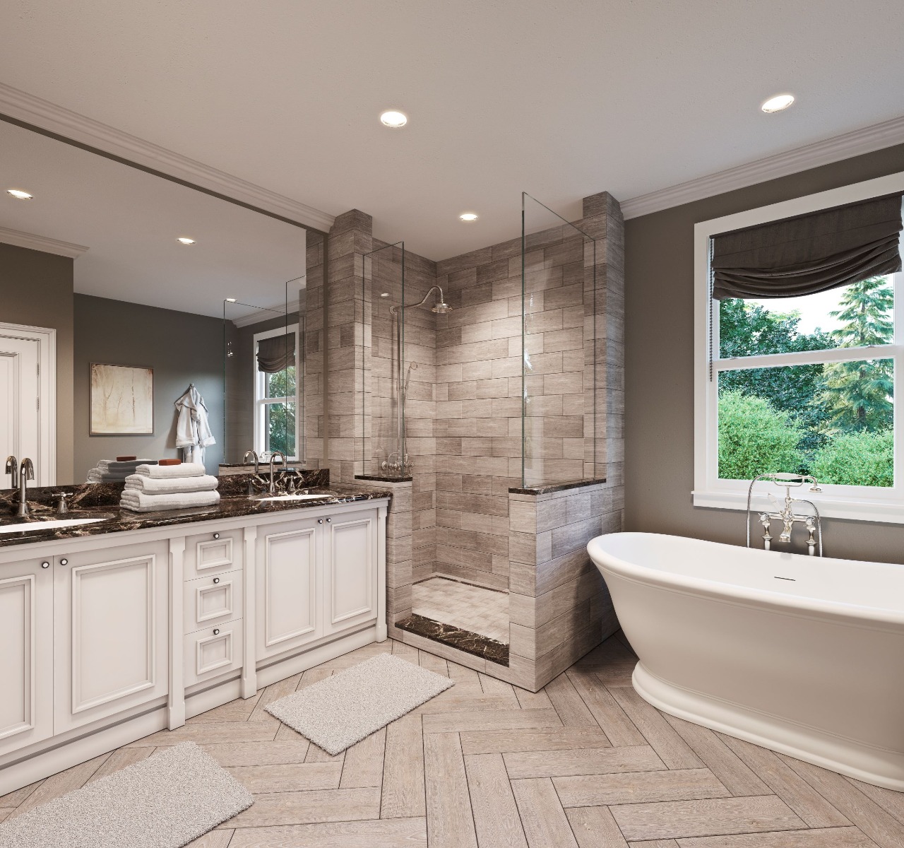 bathroom with walk in shower and double sinks